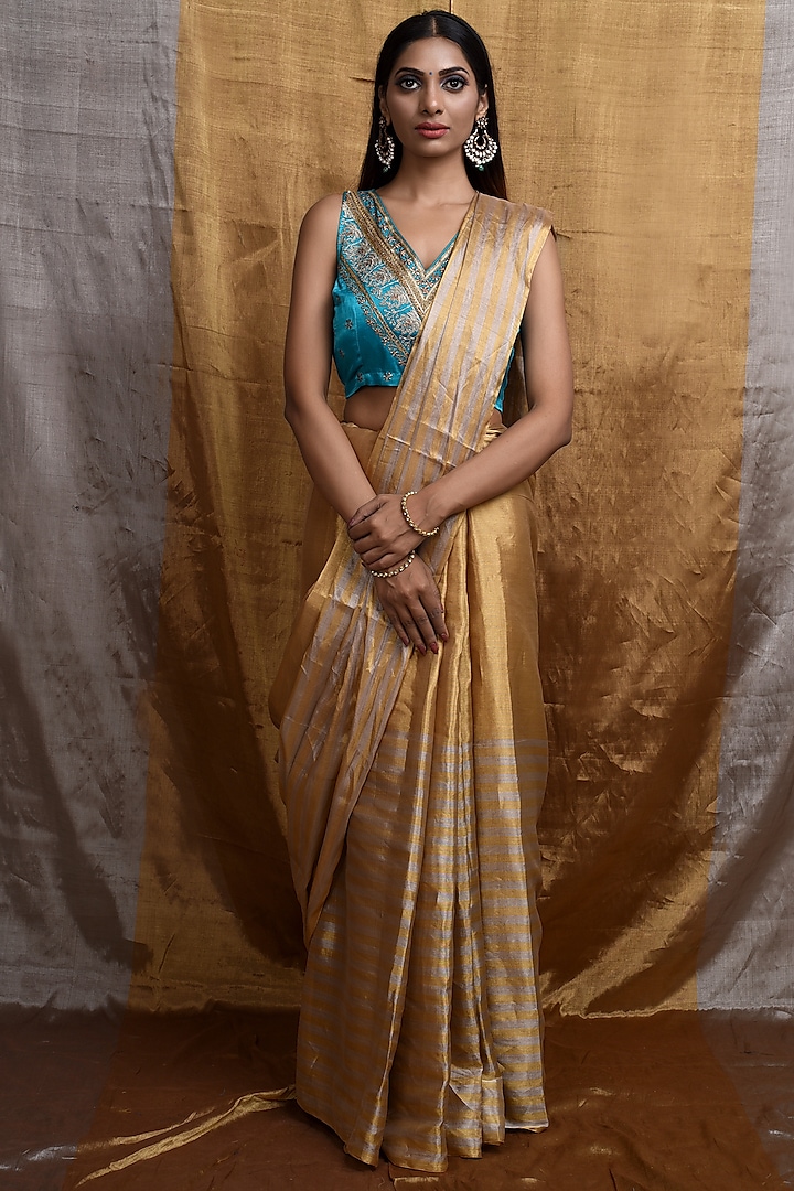 Gold Handwoven Silk Tissue Saree Set by Priti Prashant