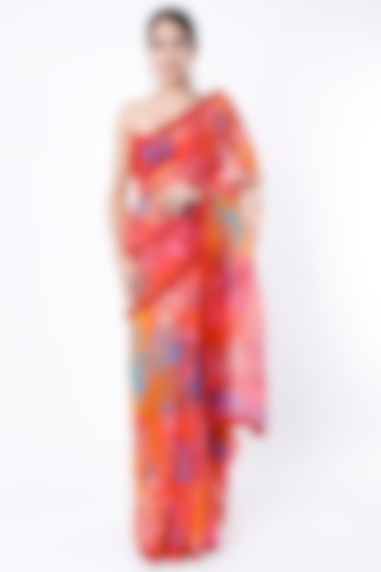 Cadmium Red & Orange Printed Silk Saree Set by Priti Prashant
