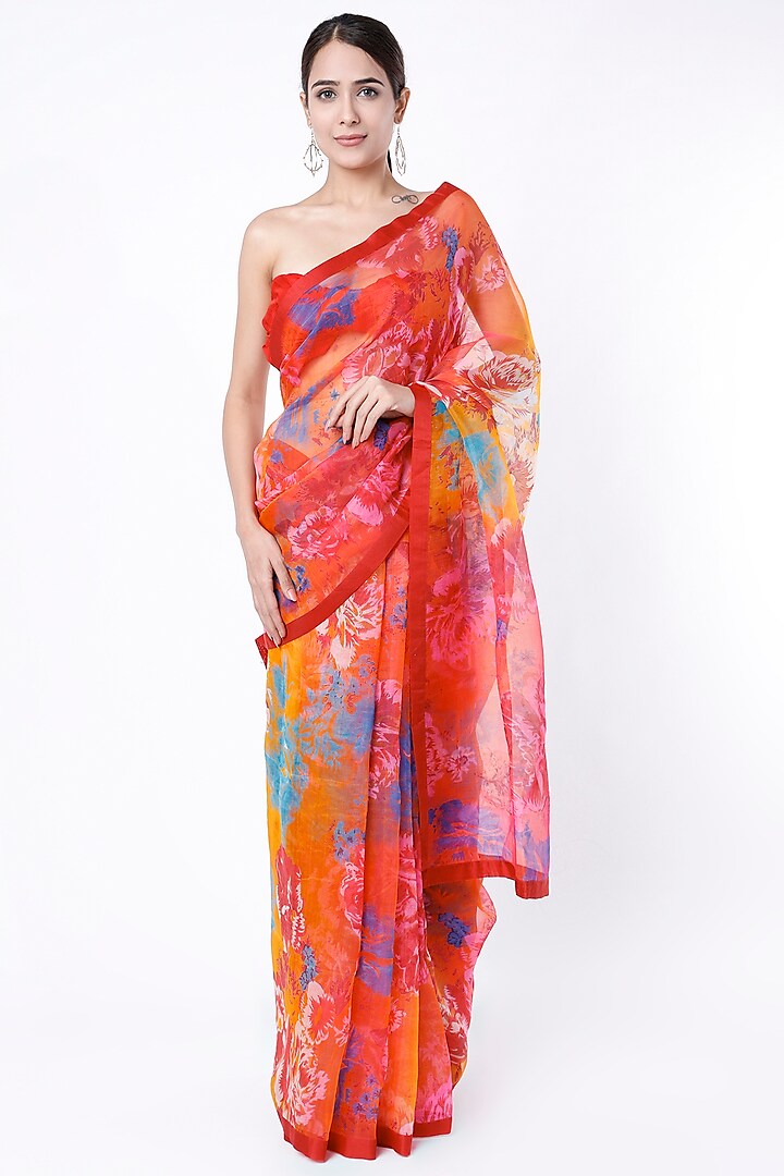 Cadmium Red & Orange Printed Silk Saree Set by Priti Prashant