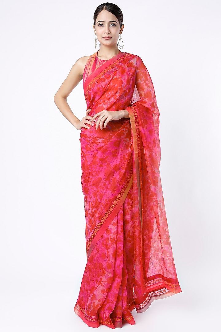 Cherry Red & Fuchsia Sheer Silk Floral Printed Saree Set by Priti Prashant