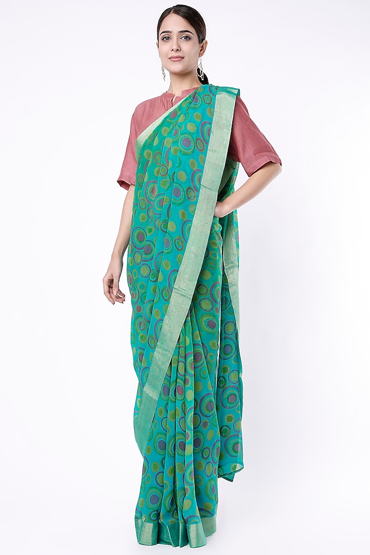 Turquoise Silk Chiffon Polka Printed Saree Set by Priti Prashant