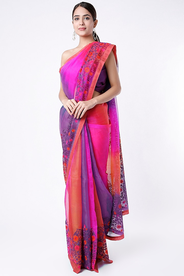 Fuchsia & Purple Embroidered Handloom Saree Set by Priti Prashant