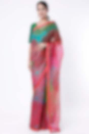 Light Red & Green Printed Handloom Saree Set by Priti Prashant