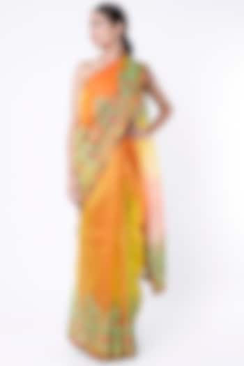 Orange & Light Yellow Embroidered Handloom Saree Set by Priti Prashant