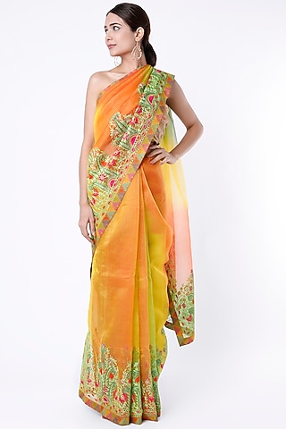 Orange & Light Yellow Embroidered Handloom Saree Set by Priti Prashant