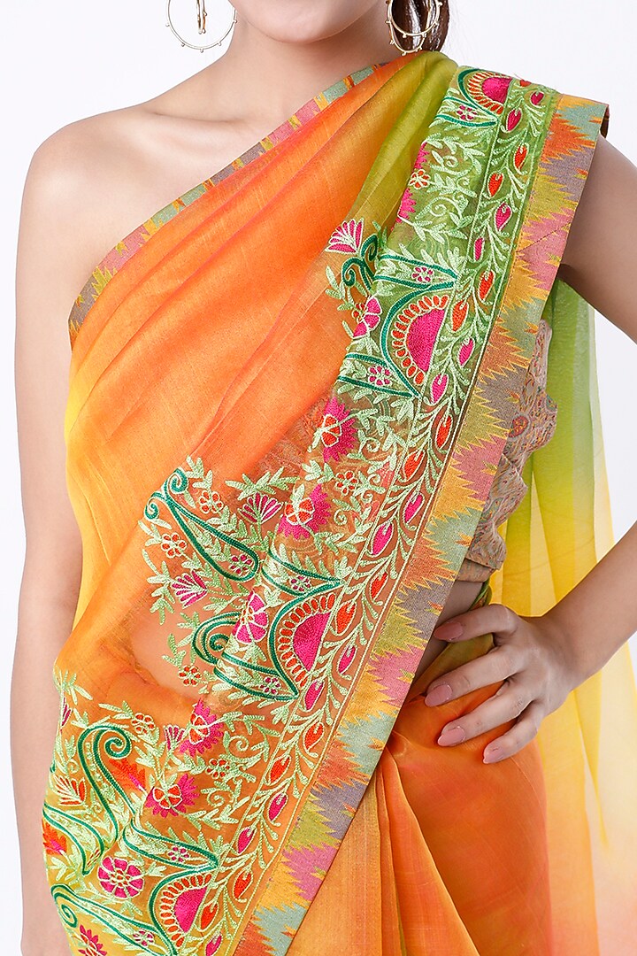 Orange & Light Yellow Embroidered Handloom Party Wear Saree Set by Priti Prashant at Pernia's Pop Up Shop