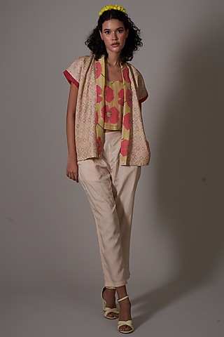 Sepia Silk Printed Jacket Set by Priti Prashant