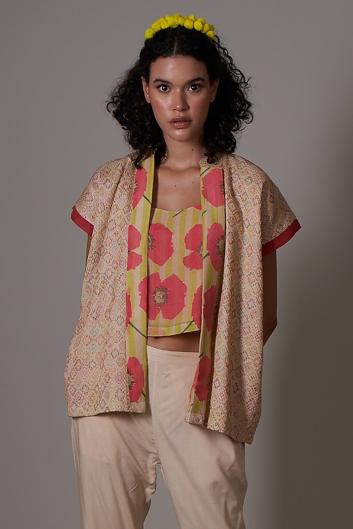 Sepia Silk Printed Jacket Set by Priti Prashant at Pernia's Pop Up Shop