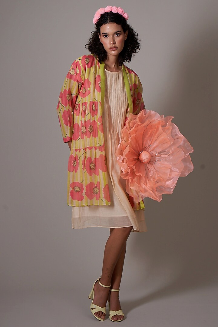 Lime & Sepia Mul Cotton Silk Printed Jacket Set by Priti Prashant