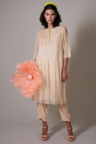 Sepia Mul Cotton Silk Beads Embroidered Hand Woven Tunic Set by Priti Prashant