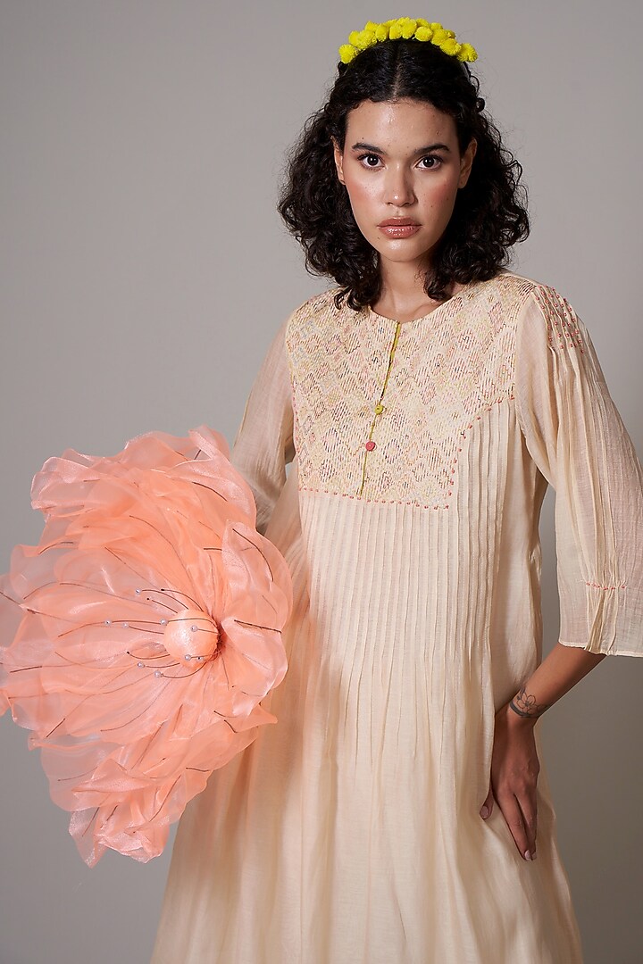 Sepia Mul Cotton Silk Beads Embroidered Hand Woven Tunic Set by Priti Prashant at Pernia's Pop Up Shop