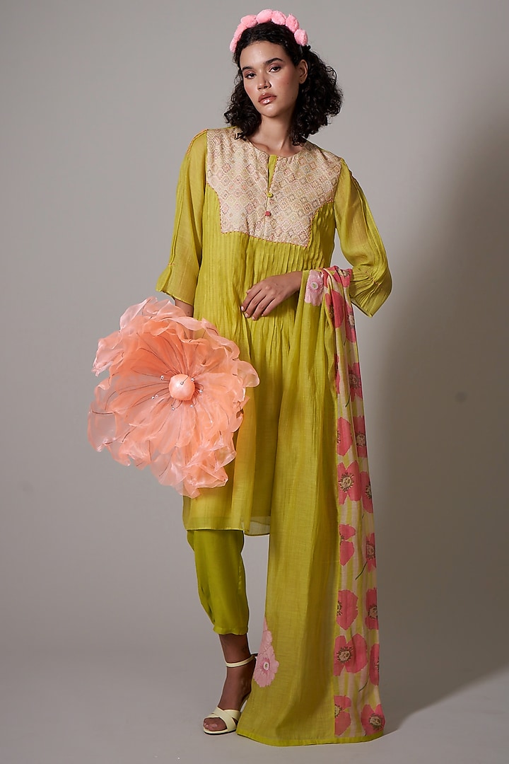 Lime Mul Cotton Silk Beads Embroidered Hand Woven Tunic Set by Priti Prashant