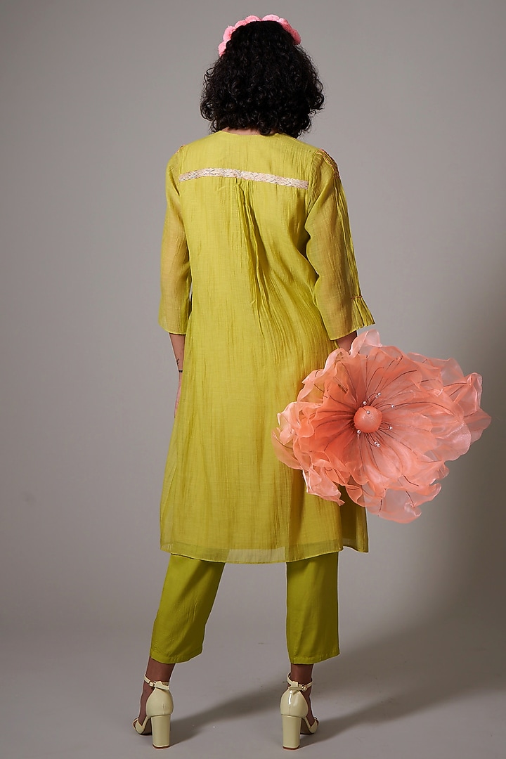 Lime Mul Cotton Silk Beads Embroidered Hand Woven Tunic Set by Priti Prashant at Pernia's Pop Up Shop
