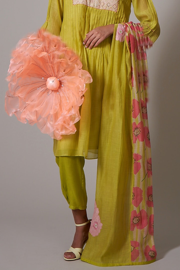Lime Mul Cotton Silk Beads Embroidered Hand Woven Tunic Set by Priti Prashant at Pernia's Pop Up Shop