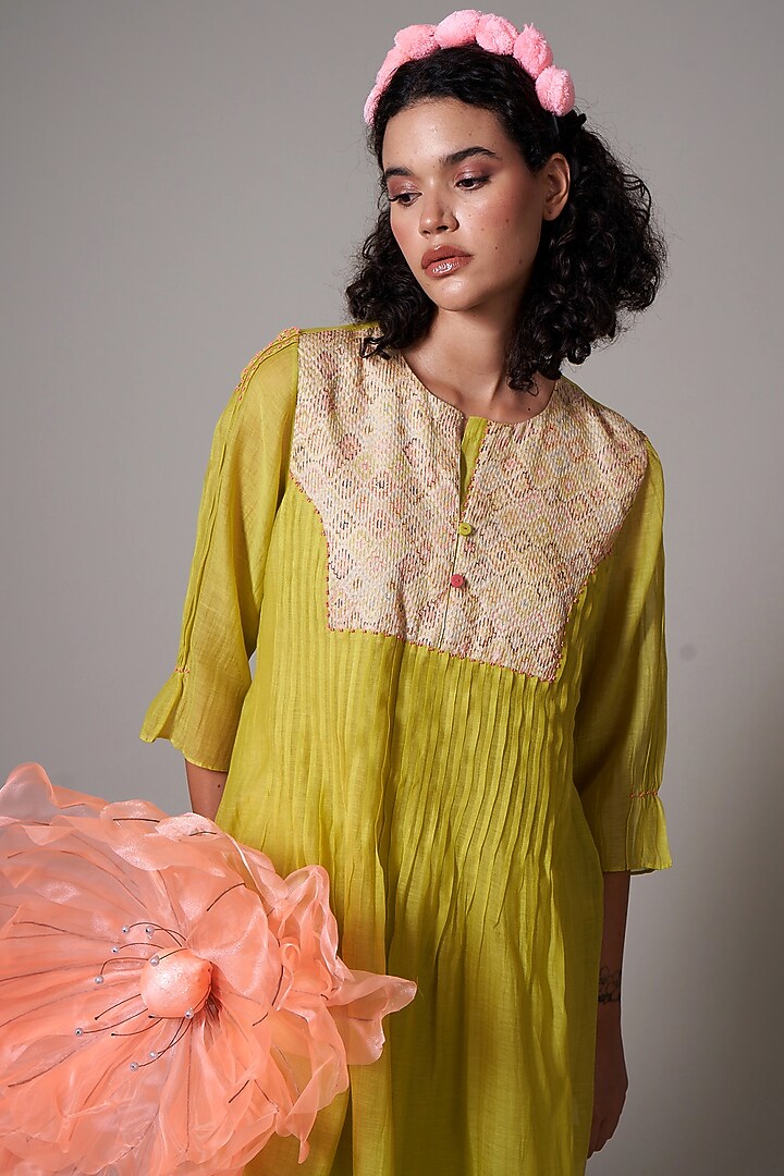 Lime Mul Cotton Silk Beads Embroidered Hand Woven Tunic Set by Priti Prashant at Pernia's Pop Up Shop