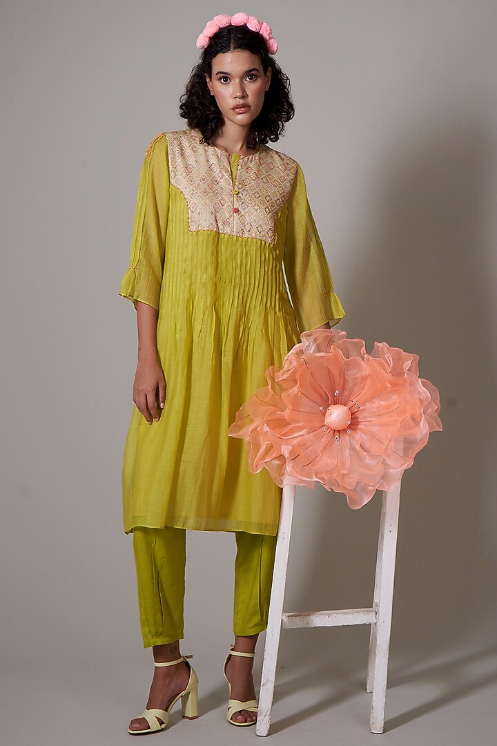 Lime Mul Cotton Silk Beads Embroidered Hand Woven Tunic Set by Priti Prashant at Pernia's Pop Up Shop