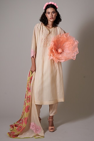Sepia Mul Cotton Silk Printed & Beads Embroidered Hand Woven Kurta Set by Priti Prashant