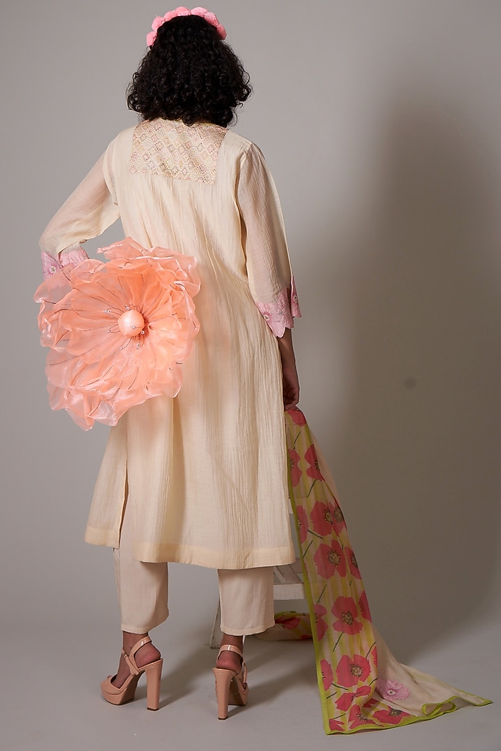 Sepia Mul Cotton Silk Printed & Beads Embroidered Hand Woven Kurta Set by Priti Prashant at Pernia's Pop Up Shop
