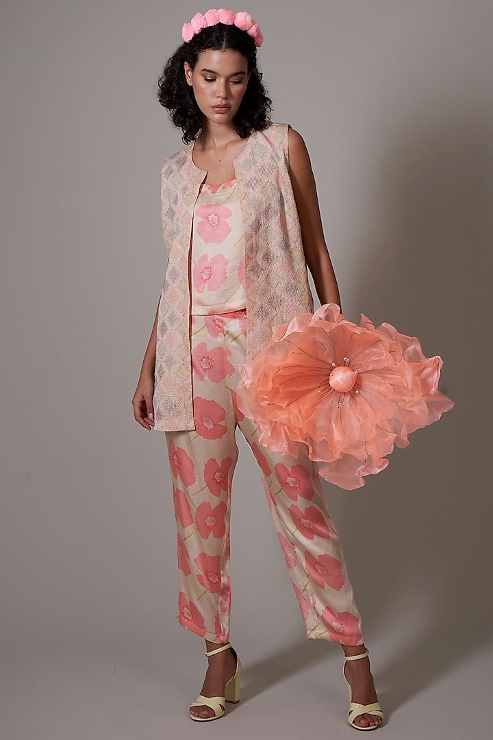 Peach & Sepia Silk Printed Jacket Set by Priti Prashant