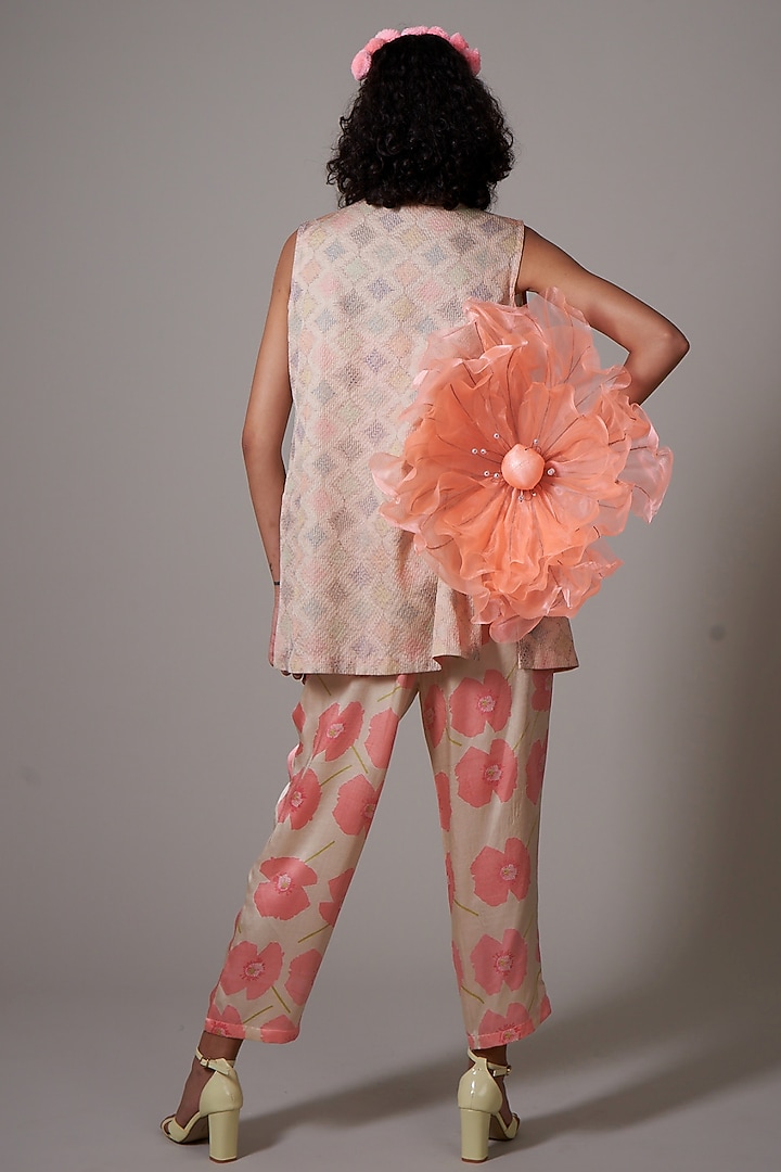 Peach & Sepia Silk Printed Jacket Set by Priti Prashant at Pernia's Pop Up Shop