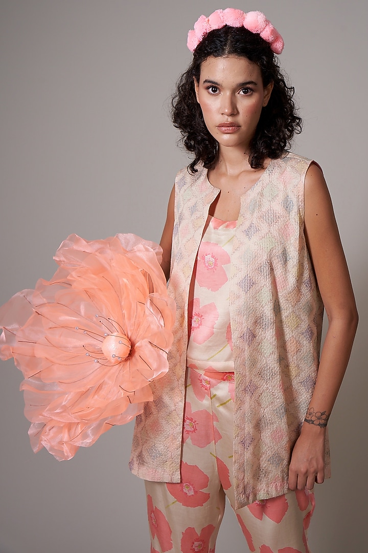 Peach & Sepia Silk Printed Jacket Set by Priti Prashant at Pernia's Pop Up Shop