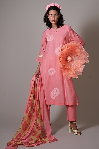 Peach Mul Cotton Silk Printed & Beads Embroidered Hand Woven Kurta Set by Priti Prashant