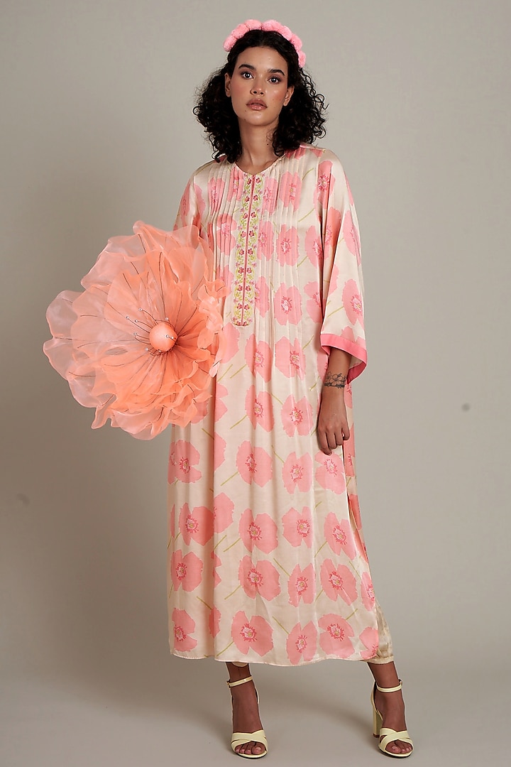 Peach Satin Printed & Floral Embroidered Pleated Kaftan Dress by Priti Prashant