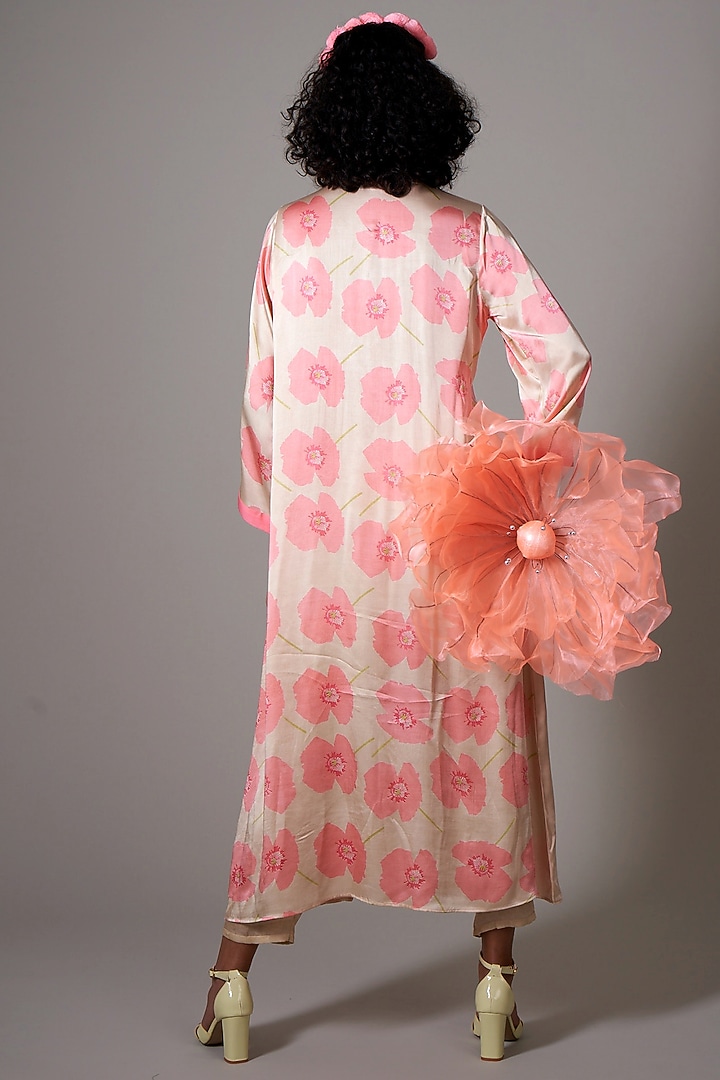 Peach Satin Printed & Floral Embroidered Pleated Kaftan Summer Dress by Priti Prashant at Pernia's Pop Up Shop