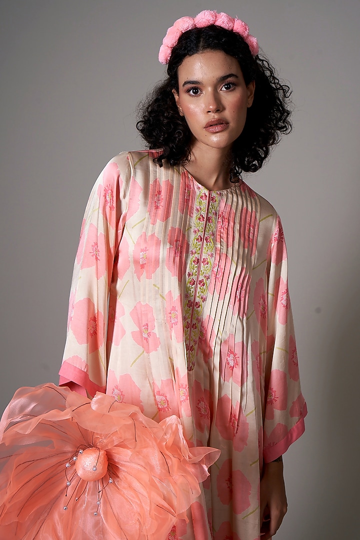 Peach Satin Printed & Floral Embroidered Pleated Kaftan Summer Dress by Priti Prashant at Pernia's Pop Up Shop