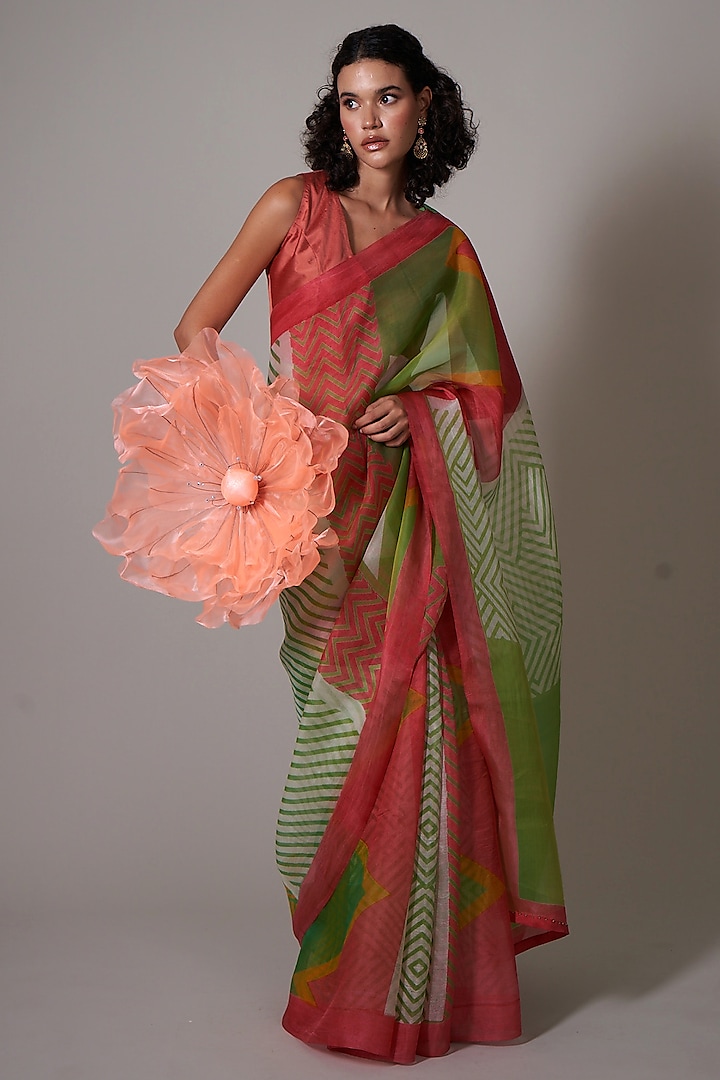 Multi-Colored Silk Organza Printed & Embellished Saree Set by Priti Prashant