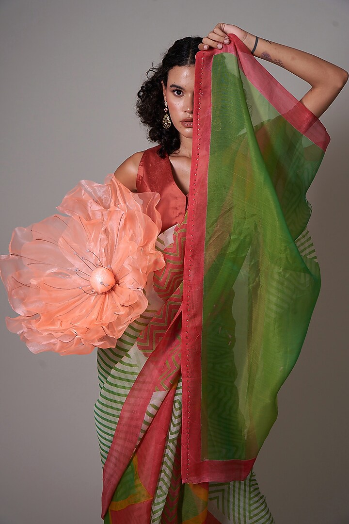 Multi-Colored Silk Organza Printed & Embellished Party Wear Saree Set by Priti Prashant at Pernia's Pop Up Shop