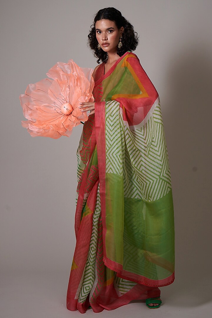 Multi-Colored Silk Organza Printed & Embellished Party Wear Saree Set by Priti Prashant at Pernia's Pop Up Shop