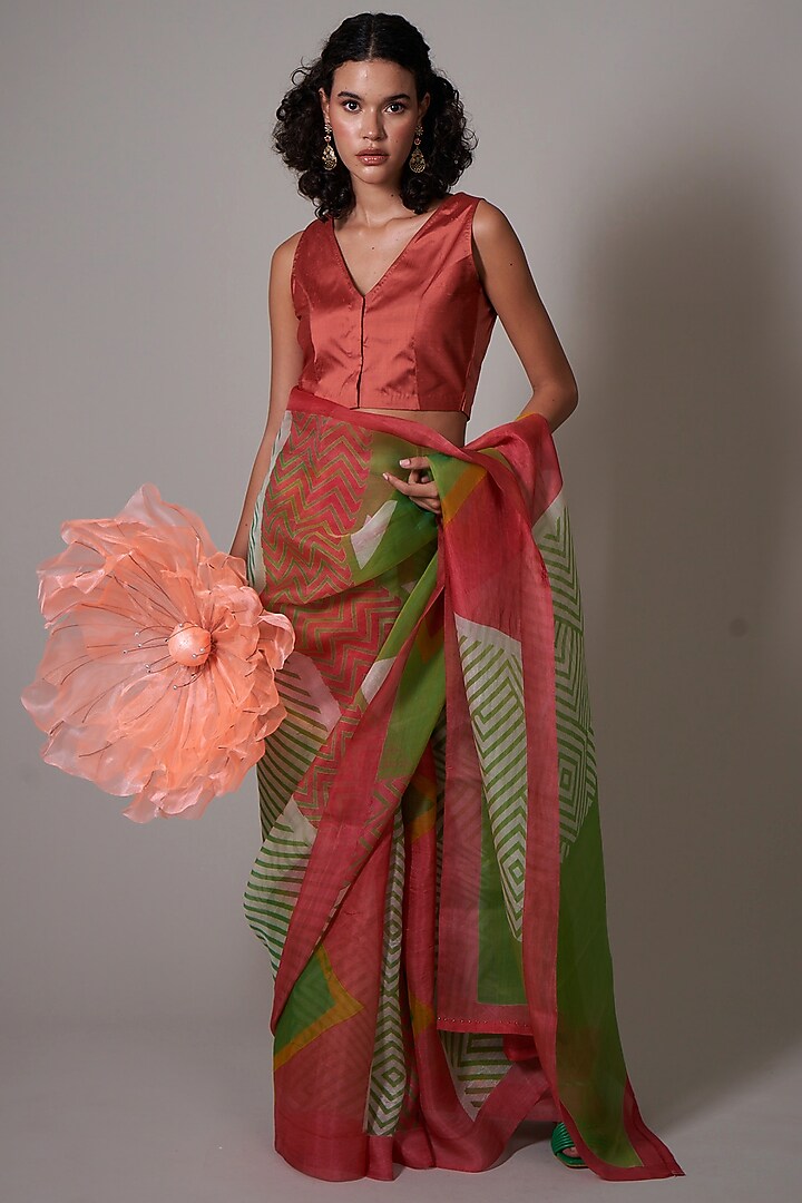 Multi-Colored Silk Organza Printed & Embellished Party Wear Saree Set by Priti Prashant at Pernia's Pop Up Shop