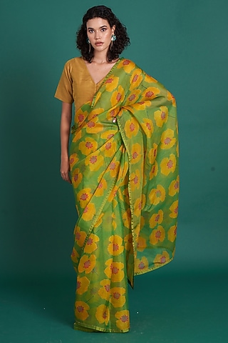 Green Silk Organza Printed & Embellished Saree Set by Priti Prashant