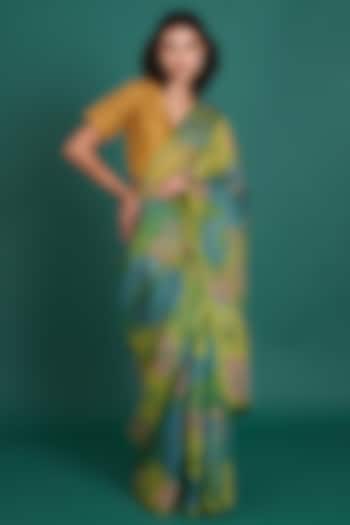 Green Silk Organza Floral Printed & Embellished Saree Set by Priti Prashant