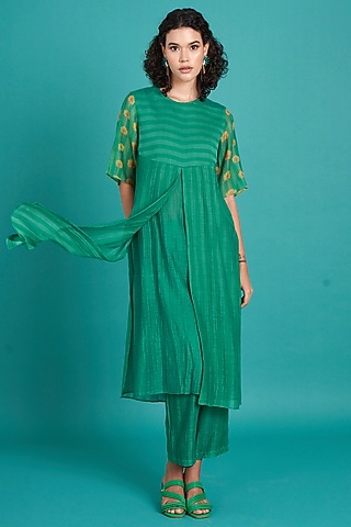 Emerald Green Silk Cotton Mul Floral Printed Kurta Set by Priti Prashant