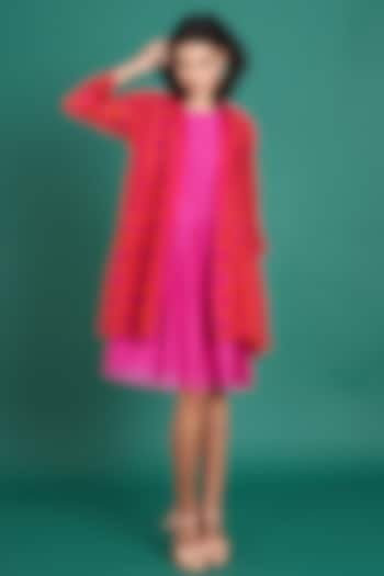 Pink & Red Mul Cotton Silk Jacket Dress by Priti Prashant
