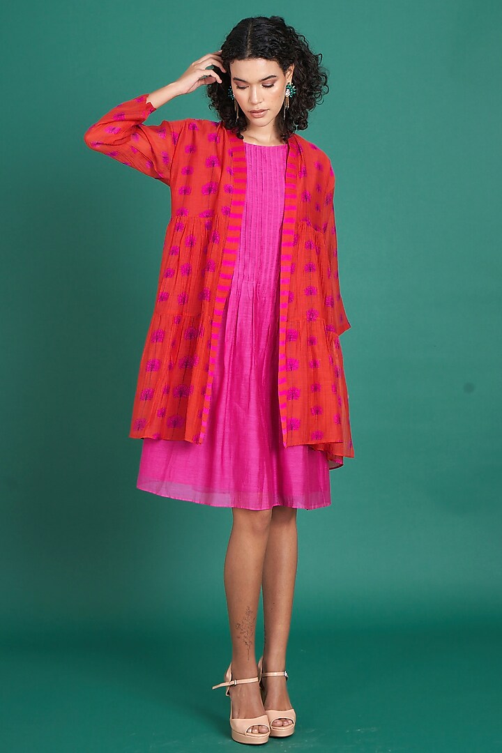 Pink & Red Mul Cotton Silk Jacket Dress by Priti Prashant