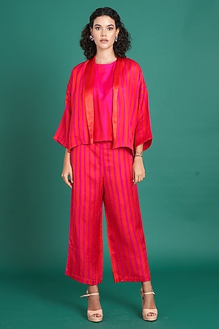 Red & Pink Silk Satin Printed Co-Ord Set by Priti Prashant