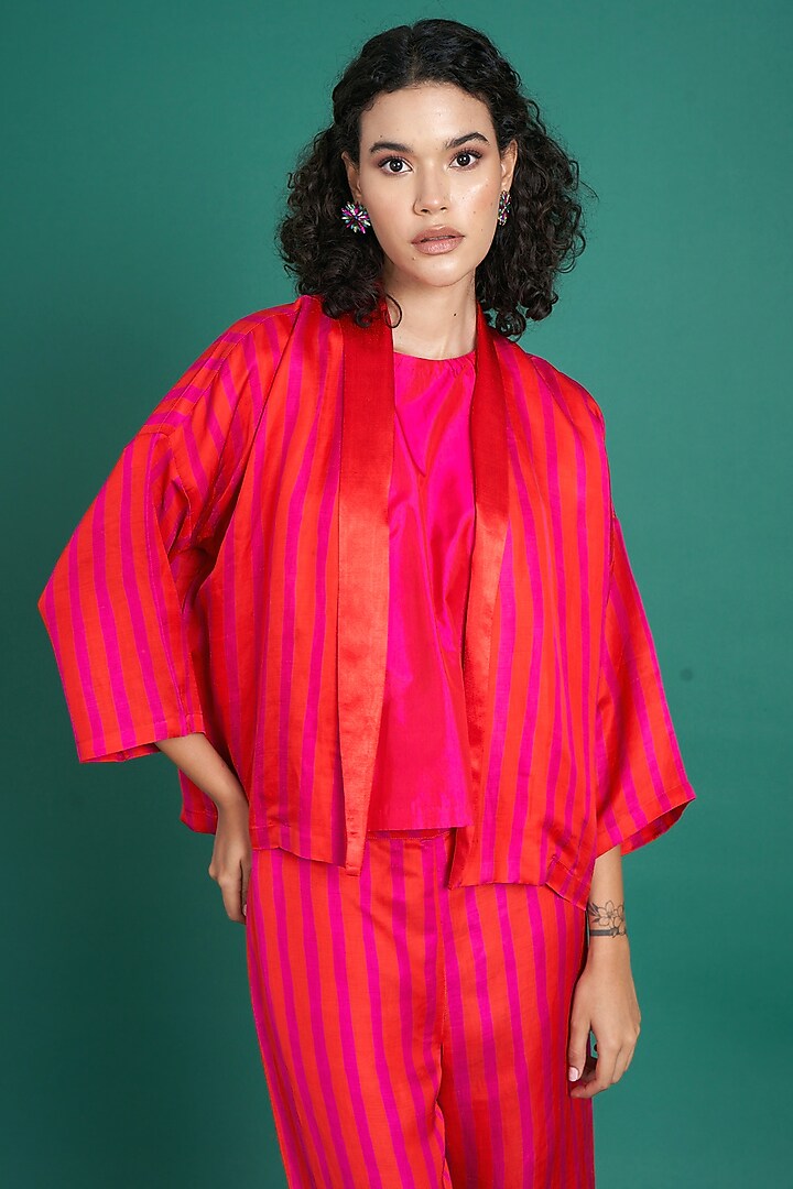 Red & Pink Silk Satin Printed Co-Ord Set by Priti Prashant at Pernia's Pop Up Shop