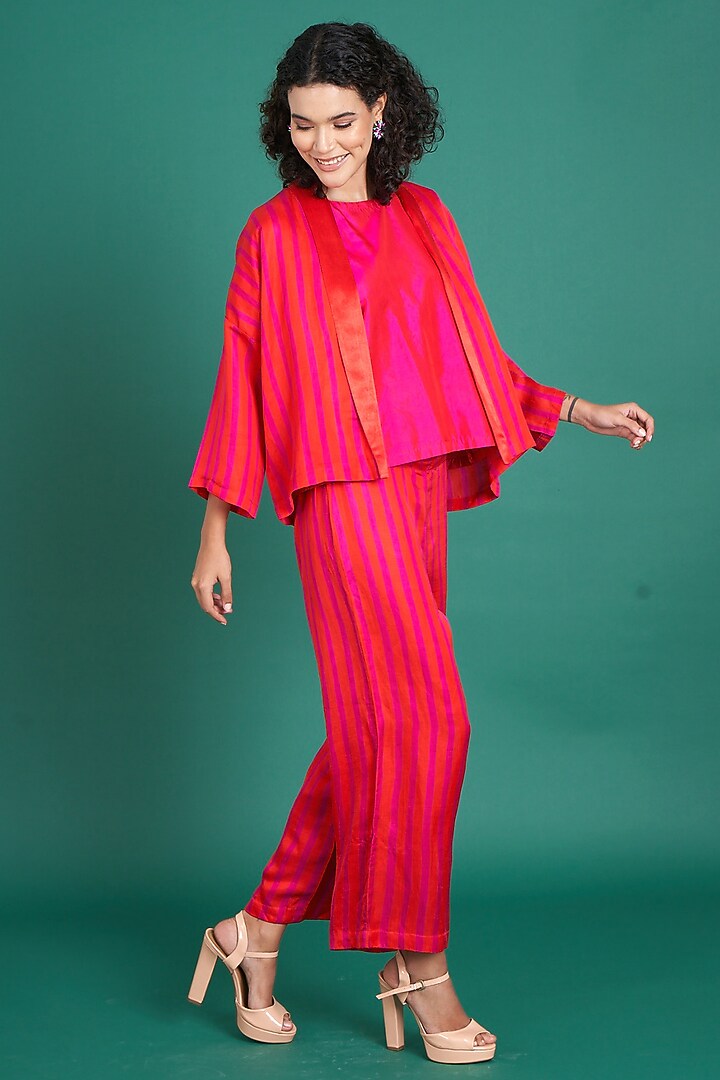 Red & Pink Silk Satin Printed Co-Ord Set by Priti Prashant at Pernia's Pop Up Shop