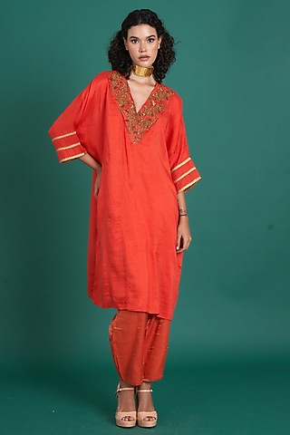 Orange Mulberry Silk Zardosi Embroidered Handwoven Kaftan Kurta Set by Priti Prashant