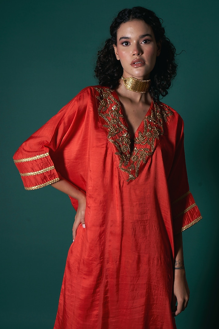 Orange Mulberry Silk Zardosi Embroidered Handwoven Kaftan Kurta Set by Priti Prashant at Pernia's Pop Up Shop