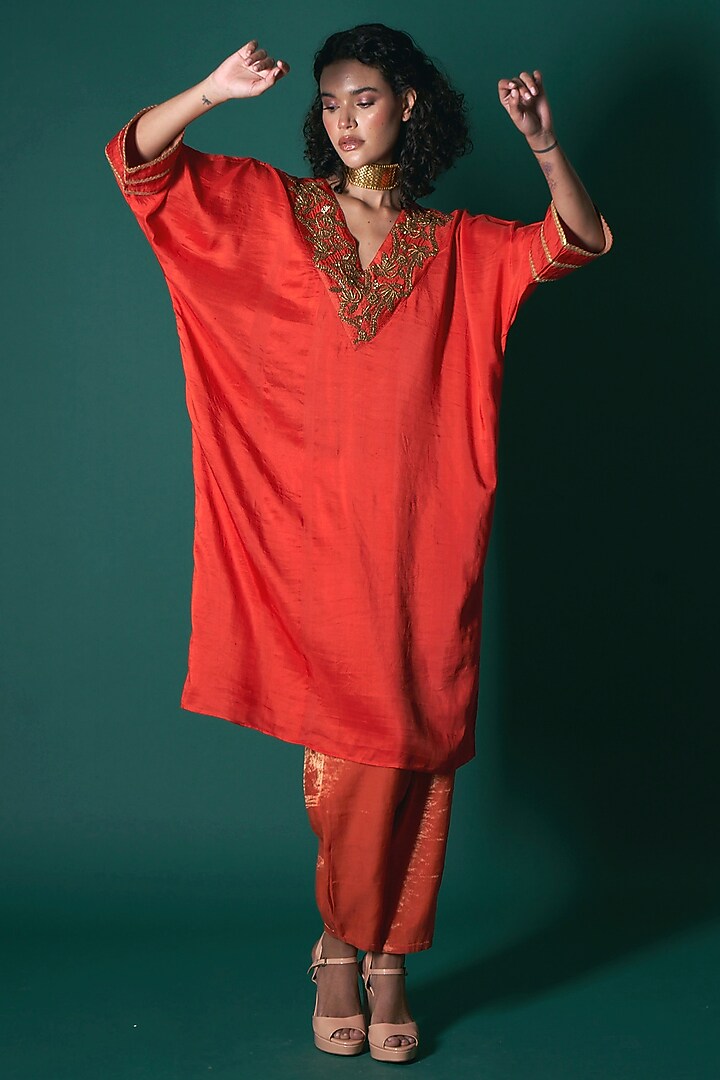 Orange Mulberry Silk Zardosi Embroidered Handwoven Kaftan Kurta Set by Priti Prashant at Pernia's Pop Up Shop
