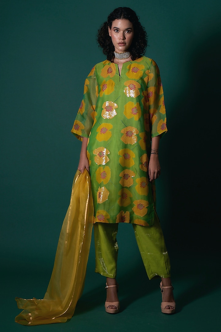 Green Sheer Silk Printed & Sequins Embroidered Kurta Set by Priti Prashant