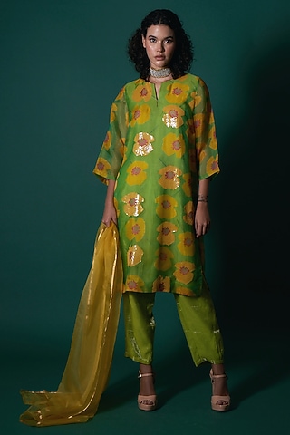 Green Sheer Silk Printed & Sequins Embroidered Kurta Set by Priti Prashant