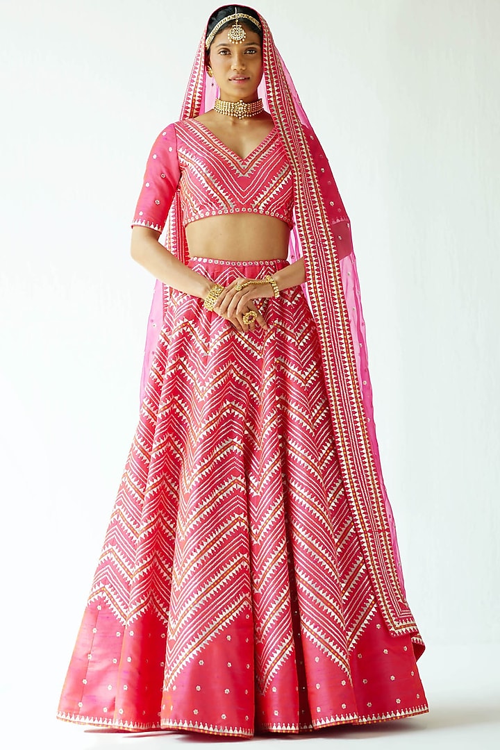 Pink Raw Silk Embroidered Wedding Lehenga Set by Priyal Prakash at Pernia's Pop Up Shop