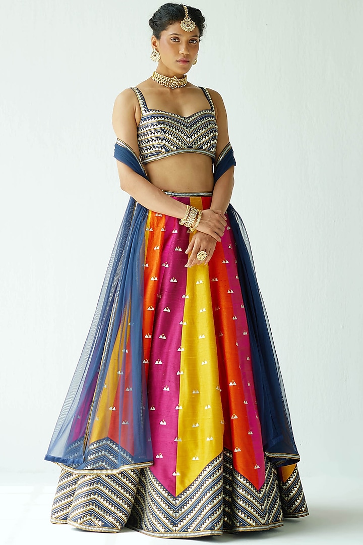 Multi-Colored Raw Silk Embroidered Wedding Lehenga Set by Priyal Prakash at Pernia's Pop Up Shop