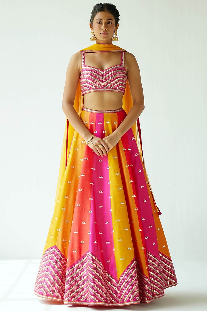 Multi-Colored Raw Silk Embroidered Wedding Lehenga Set by Priyal Prakash at Pernia's Pop Up Shop