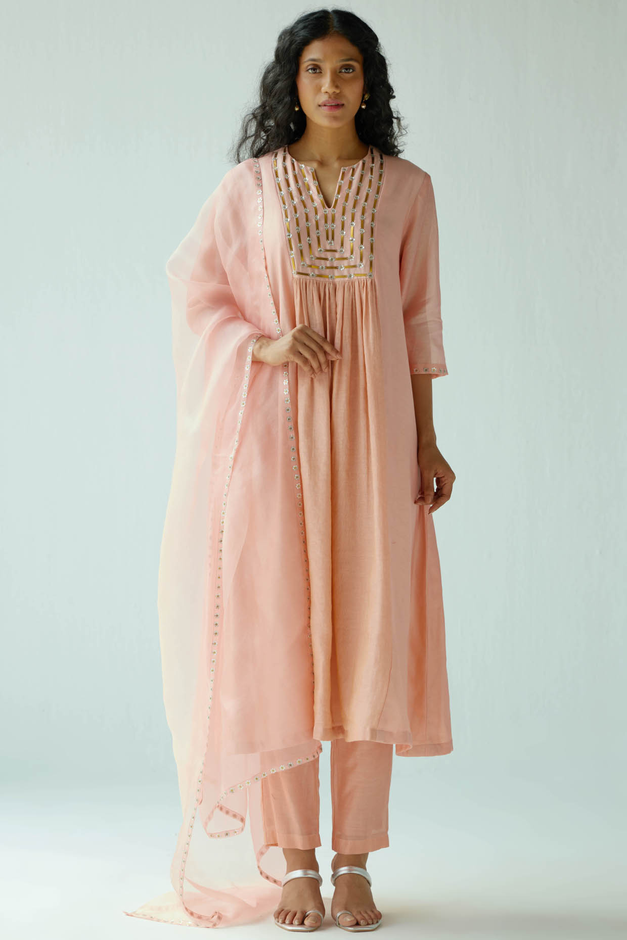 Peach Chanderi & Mul Mul Embroidered Kurta Set by Priyal Prakash at Pernia's Pop Up Shop